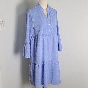 Skue Blue Dotted Swiss Smock Boho Dress, Bell Sleeve, Ruffle Hem, Size Large